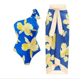Two Piece Set Blooming Orchids One Shoulder Swimsuit & Coverup Wrap Skirt